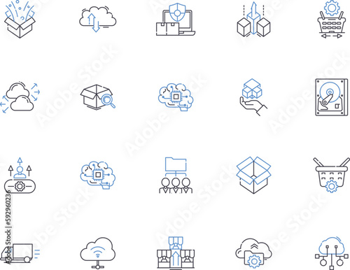 Storage outline icons collection. Storage, Space, Container, Rack, Cabinet, Unit, Bin vector and illustration concept set. Box, Trunk, Repository linear signs