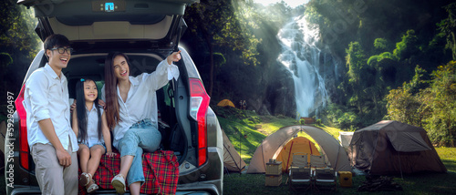 Asian traveller family go to camping by SUV car for sleep by tent