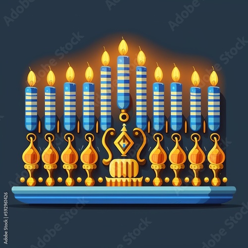 First day of Hanukkah with burning Hanukkah colorful candles in Menorah, Generative Ai