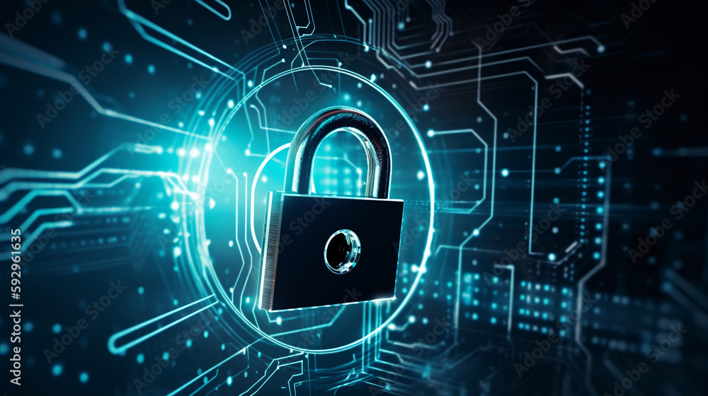 Modern cybersecurity concept - padlock on blue circuit board background with technology graphics