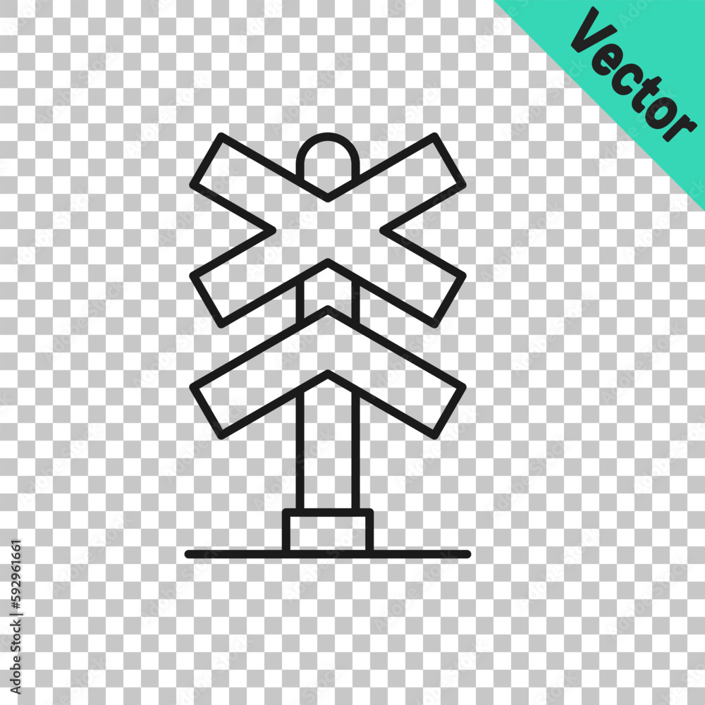 Obraz premium Black line Railroad crossing icon isolated on transparent background. Railway sign. Vector