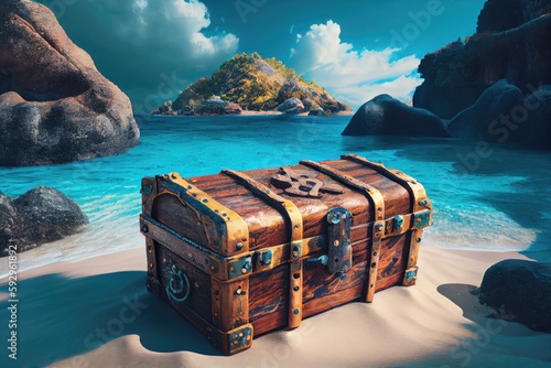 treasure chest lying in the middle of a deserted island, surrounded by blue water, created with generative ai