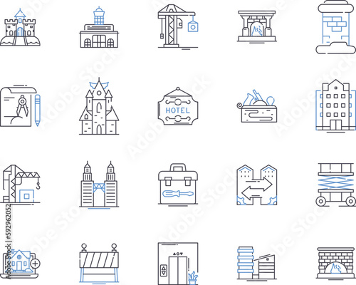 Construction design outline icons collection. Architecture  Drafting  Plans  Layout  Building  Infrastructure  Materials vector and illustration concept set. Structural  CAD  Site linear signs