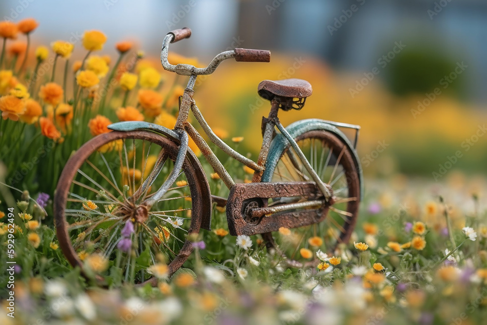 old model bicycle park in flower garden to encourage people going for exercise , Bicycle's day, Generative AI