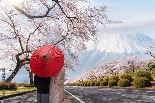 Fuji mountain with cherry blossom flower in April