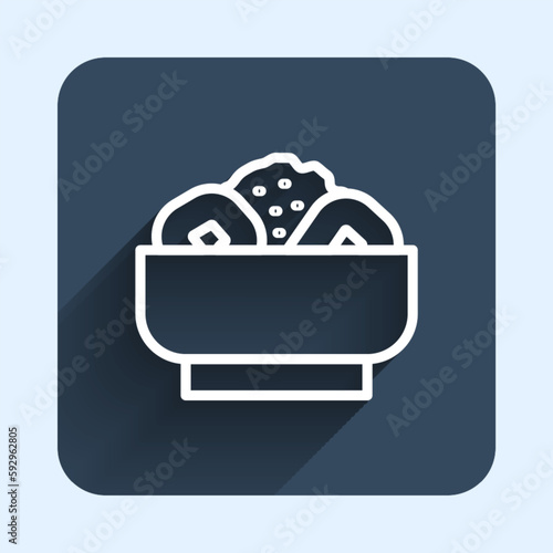White line Chow mein on plate icon isolated with long shadow background. Asian food. Blue square button. Vector