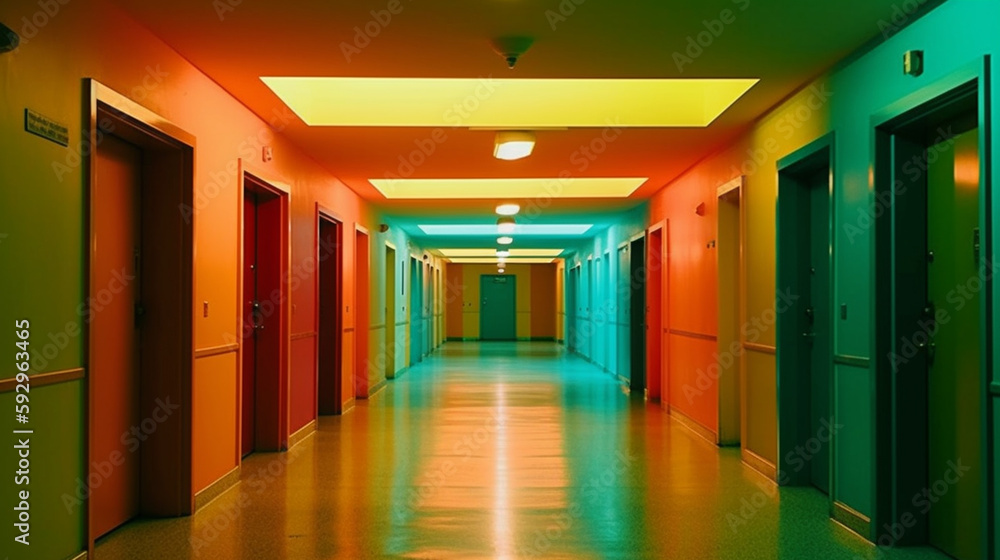 Interior of a  corridor with green doors and colorful lights. Generative AI