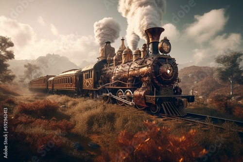 Canvas Print steampunk train in a fantasy landscape, Generative AI
