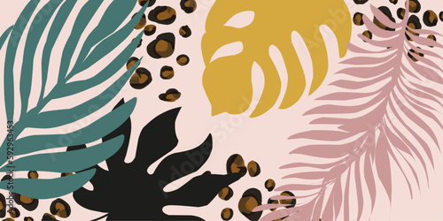 Trendy colored background, tropical leaves and leopard spots. Vector design. exotic tropics. Summer

