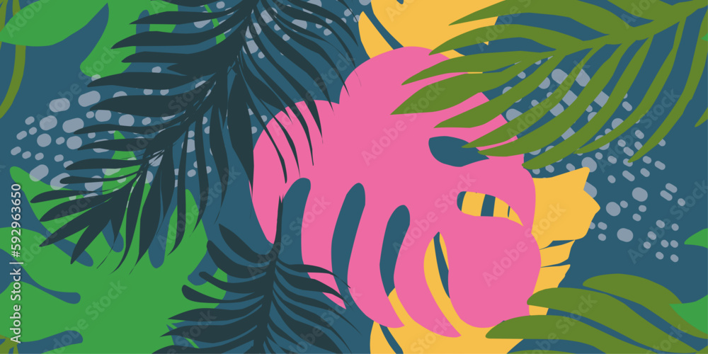 Trendy colored seamless pattern, tropical leaves. Vector design. Seal, jungle. Printing and textiles. exotic tropics. Summer