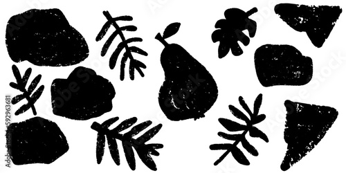 Vector grainy set of textural black elements for design, grunge chipped jagged graphic patterns