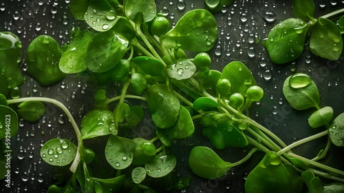 Fresh healthy & organic green pea shoots with drops of water. From above. Close up. Macro. Greens. Food magazine. Food Design. Close up of green pea shoots. Vegetable. Generative AI.