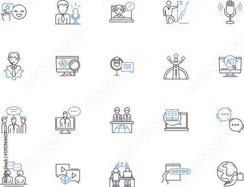 News outline icons collection. News, Media, Headlines, Journalism, Broadcast, Reporter, Breaking vector and illustration concept set. Report, Story, Update linear signs