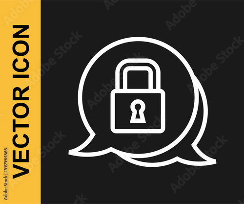 White line Lock icon isolated on black background. Padlock sign. Security, safety, protection, privacy concept. Vector