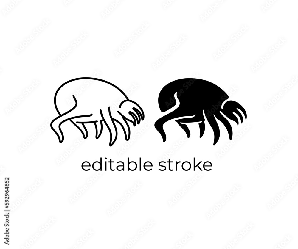 Obraz premium Dust mite, microscopic parasites, animal, microorganism, editable stroke, silhouette and linear design. Mite, bug, microbiology, ectoparasite, vermin and insects, vector design and illustration