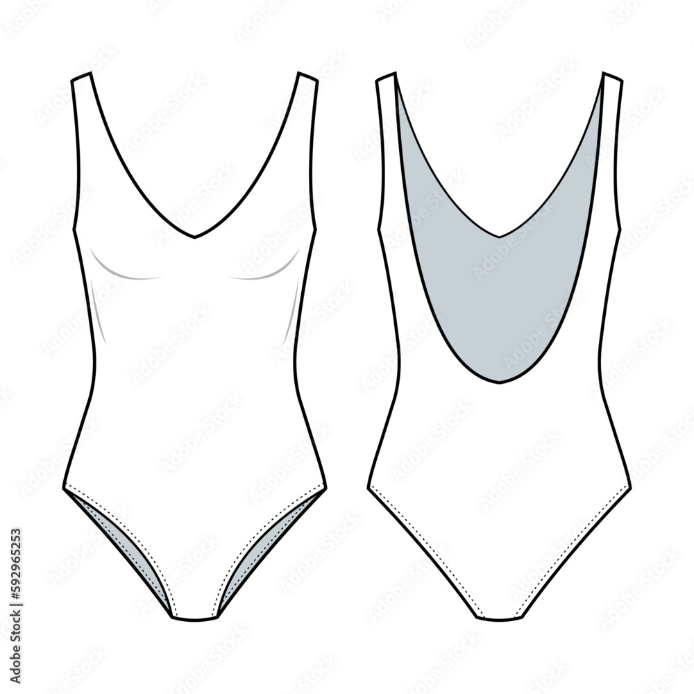 V-neck One Piece Swimsuit fashion drawing template. with a V-neck ...