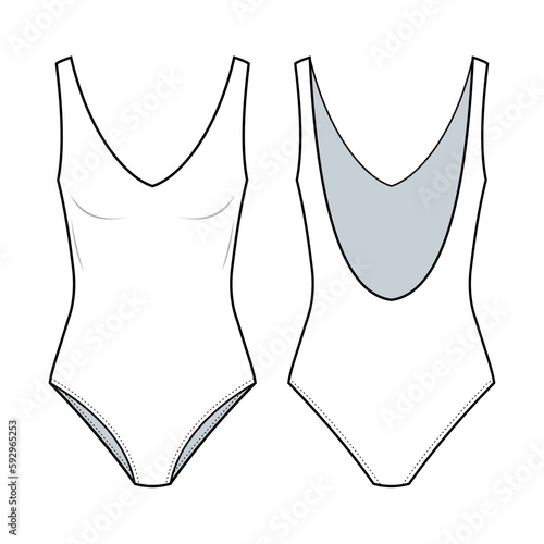 V-neck One Piece Swimsuit fashion drawing template. with a V-neck neckline, and low back. Swimsuit fashion flat illustration. front view, back view, isolated in white, CAD mockup set.