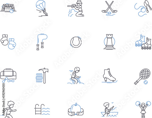 Sport equipment outline icons collection. Racket  Shoes  Gloves  Balls  Uniform  Locker  Racquets vector and illustration concept set. Bat  Pads  Helmet linear signs