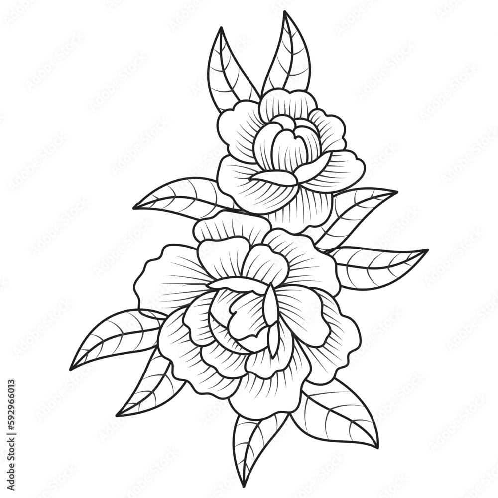 Fototapeta premium Set of different flower line on white background. Flowers drawing with line-art on white backgrounds. 