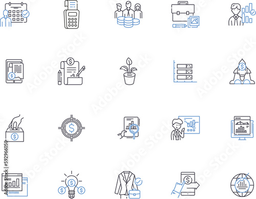 Accounting outline icons collection. Accounting, Bookkeeping, Reconciliation, Budgeting, Auditing, Taxes, CPA vector and illustration concept set. Financial, Financials, Cashflow linear signs
