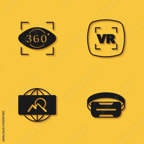 Set 360 degree view, Virtual reality glasses, Wide angle picture and icon with long shadow. Vector