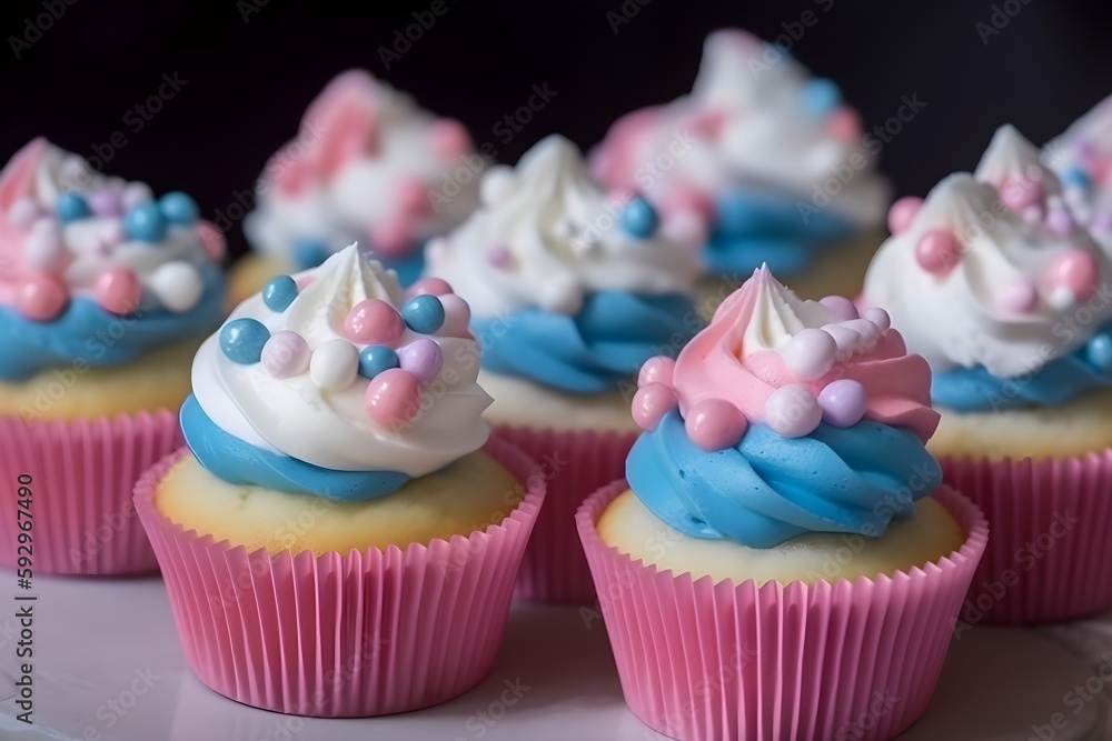 Cupcakes with blue and pink decoration on the table, close up view. Gender reveal party. Generative AI.