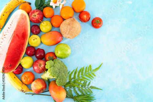 Fototapeta Naklejka Na Ścianę i Meble -  Healthy organic food background. Studio photo of different fruits  and vegtables on white background. High resolution image. 
