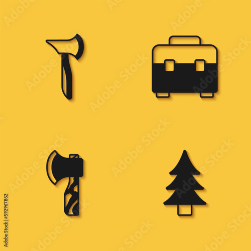 Set Wooden axe, Tree, and Toolbox icon with long shadow. Vector