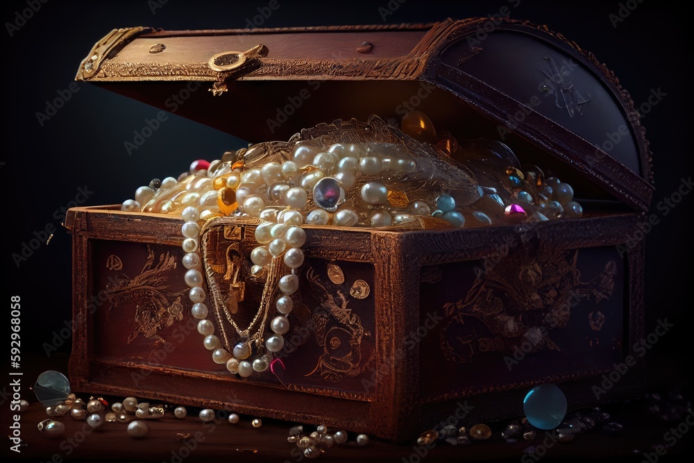 treasure chest overflowing with pearls, gold coins and diamonds, created  with generative ai Stock Illustration