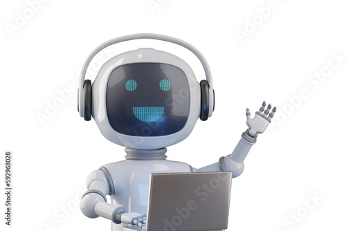 Friendly cartoon style chat robot with laptop waving hello. 3d illustration.