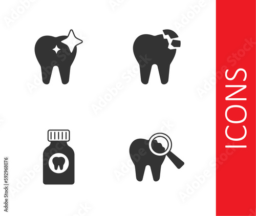Set Broken tooth, Tooth whitening, Toothache painkiller tablet and icon. Vector