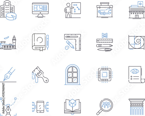 Engineering essentials outline icons collection. Engineering, Essentials, Design, Manufacturing, Engineering-Sciences, Structural, Automation vector and illustration concept set. Components, Systems