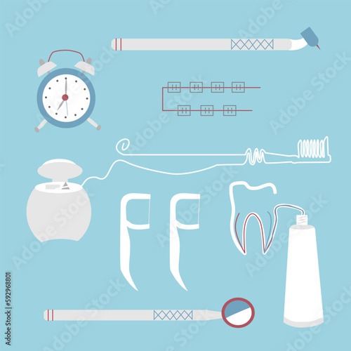 Set of isolated elements stomatology, toothpaste, braces, dental floss, toothbrush, tools.