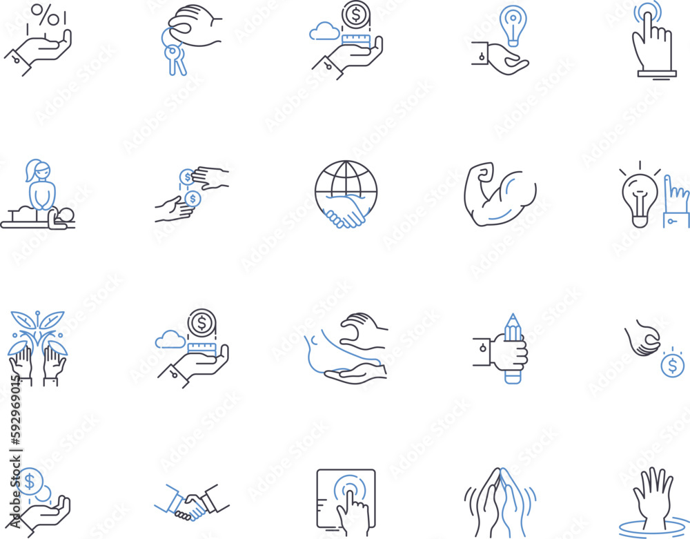 Hand gesture outline icons collection. gesticulating, waving, pointing, beckoning, signaling, clapping, shaking vector and illustration concept set. saluting, clasping, jabbing linear signs