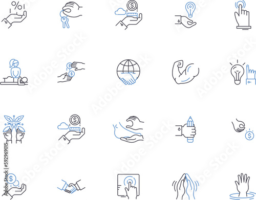 Hand gesture outline icons collection. gesticulating, waving, pointing, beckoning, signaling, clapping, shaking vector and illustration concept set. saluting, clasping, jabbing linear signs