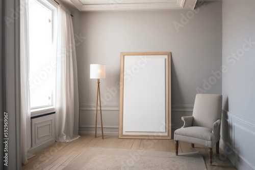 A minimalist living room with a black empty wall mockup, a white chair, and a picture frame. Contemporary and cozy design with a retro style lamp. Is AI Generative.
