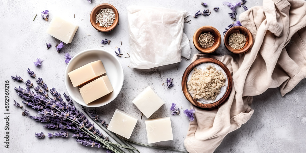 Φωτογραφία The image depicted natural soap bars and ingredients with a hint of lavender and cotton - generative ai