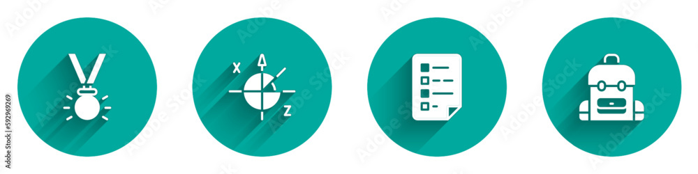 Set Medal, Trigonometric circle, Clipboard with checklist and School backpack icon with long shadow. Vector Set Medal, Trigonometric circle, Clipboard with checklist and School backpack icon with long shadow. Vector