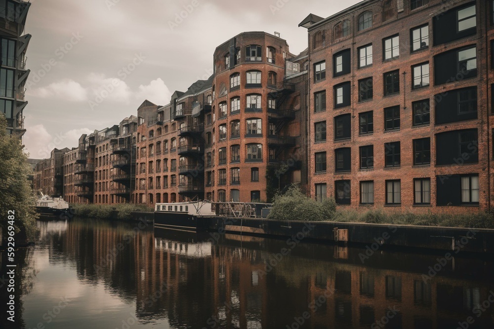 Buildings by the canal. Generative AI Buildings by the canal. Generative AI