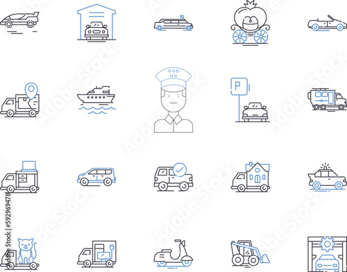 Transport and logistic outline icons collection. Logistics, Shipping, Transport, Delivery, Cargo, Freight, Haulage vector and illustration concept set. Movement, Voyage, Cross-country linear signs