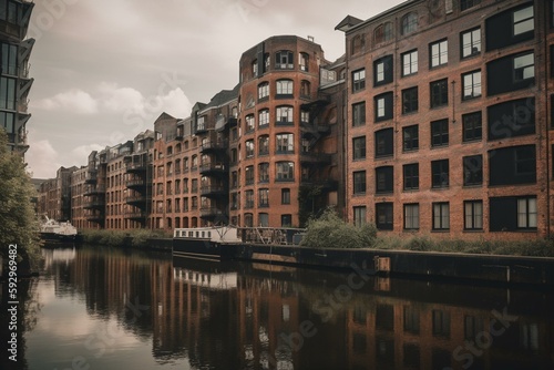 Buildings by the canal. Generative AI