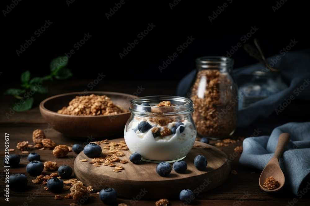 Plant based organic yogurt made from almond milk topped with gluten free granola and fresh blueberries. Generative AI Plant based organic yogurt made from almond milk topped with gluten free granola and fresh blueberries. Generative AI