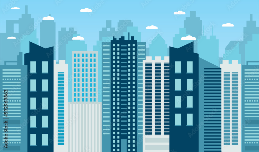 Tops of skyscrapers in the clouds. Urban development city building. Close up cityscape with modern buildings in the foreground and background. 
Vector illustration in simple minimal flat style