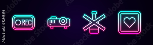 Set line Record button, Movie, film, media projector, No alcohol and Like heart. Glowing neon icon. Vector