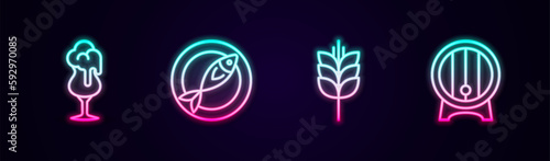 Set line Glass of beer, Dried fish, Wheat and Wooden barrel on rack. Glowing neon icon. Vector