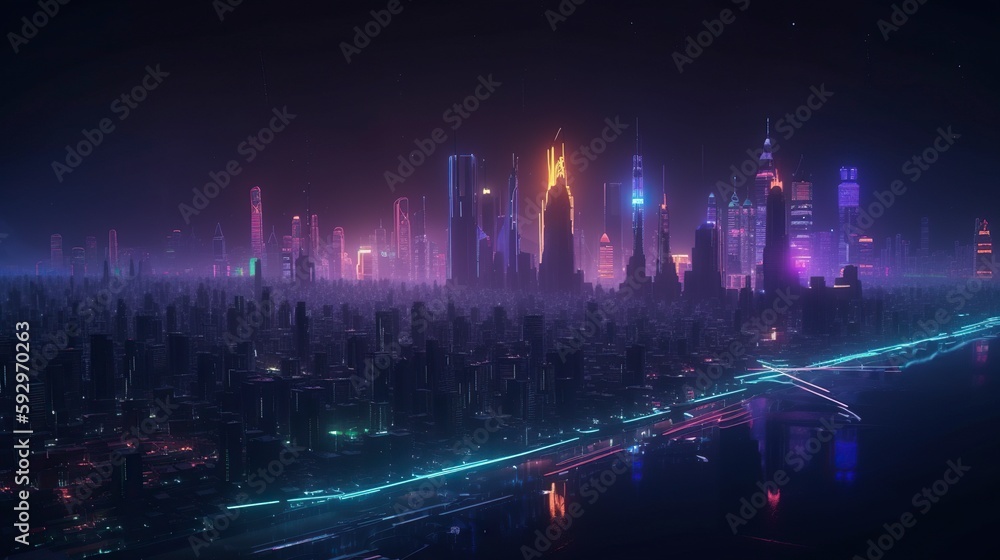 An image of a futuristic city skyline at night, with neon lights and glowing buildings - Generative AI