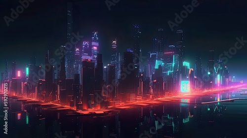 An image of a futuristic city skyline at night, with neon lights and glowing buildings - Generative AI