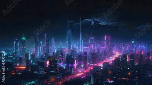 An image of a futuristic city skyline at night  with neon lights and glowing buildings - Generative AI