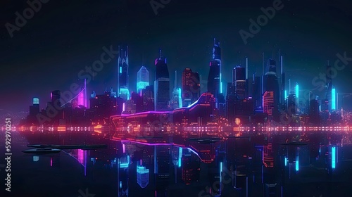 An image of a futuristic city skyline at night, with neon lights and glowing buildings - Generative AI