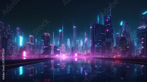 An image of a futuristic city skyline at night, with neon lights and glowing buildings - Generative AI © ImageMaster